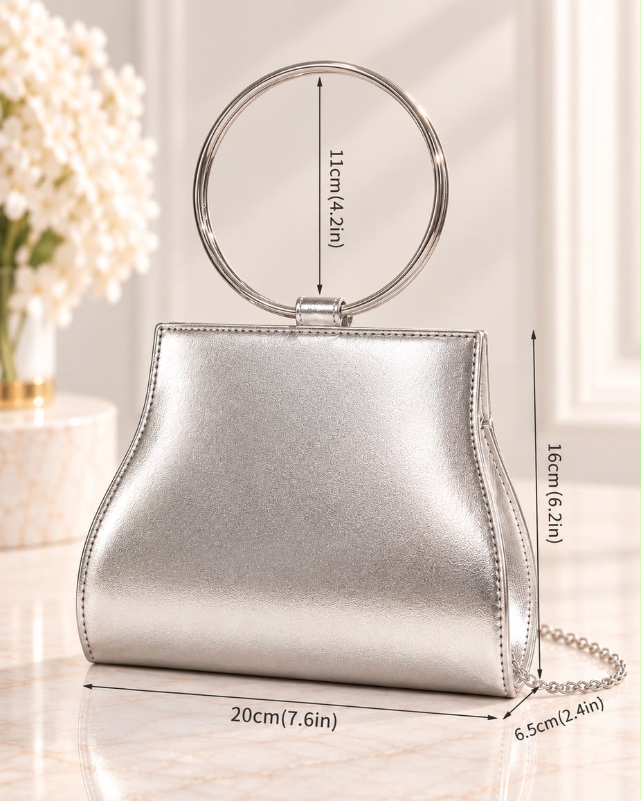 Bolso de fiesta Platino en tonos plateados con mango y cadena para colgar