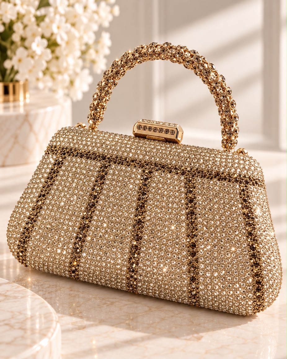 Bolso de fiesta New york con manilla y brillos en dorado champagne