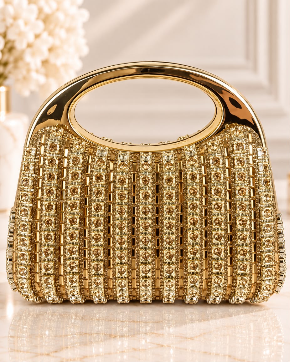Bolso de fiesta Venus dorada con cristales y cadena desmontable