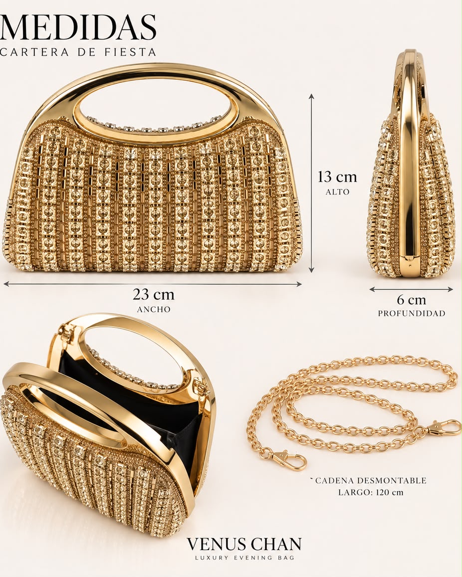 Bolso de fiesta Venus dorada con cristales y cadena desmontable