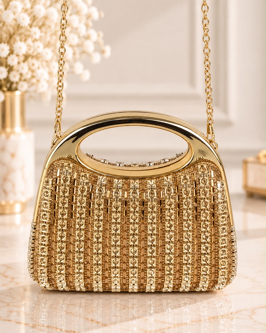 Bolso de fiesta Venus dorada con cristales y cadena desmontable