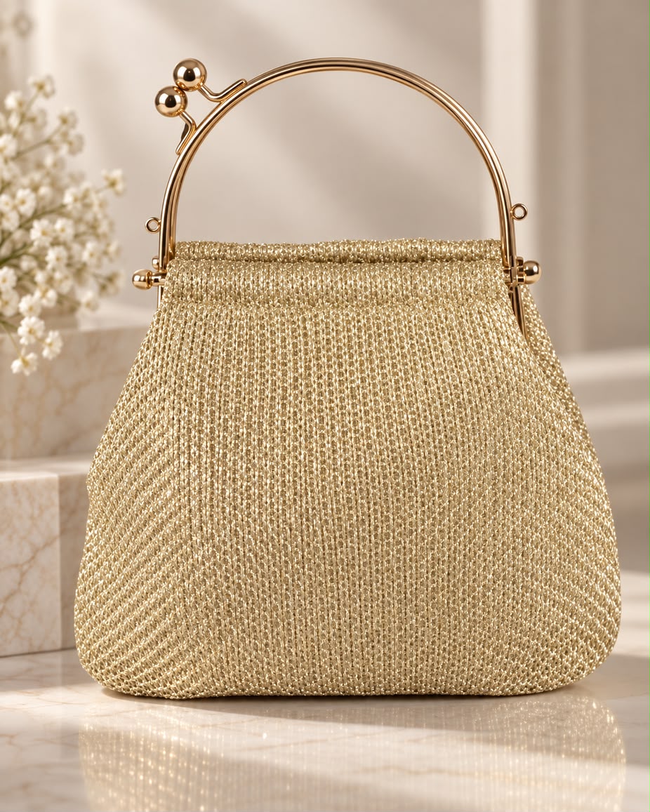 Bolso de fiesta Minerva en tonos dorados, mango curvo y cadena para colgar
