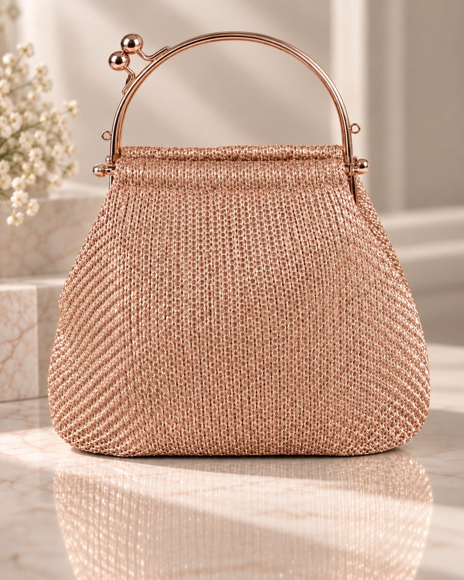 Bolso de fiesta Minerva en tonos Rosa Gold, mango curvo y cadena para colgar