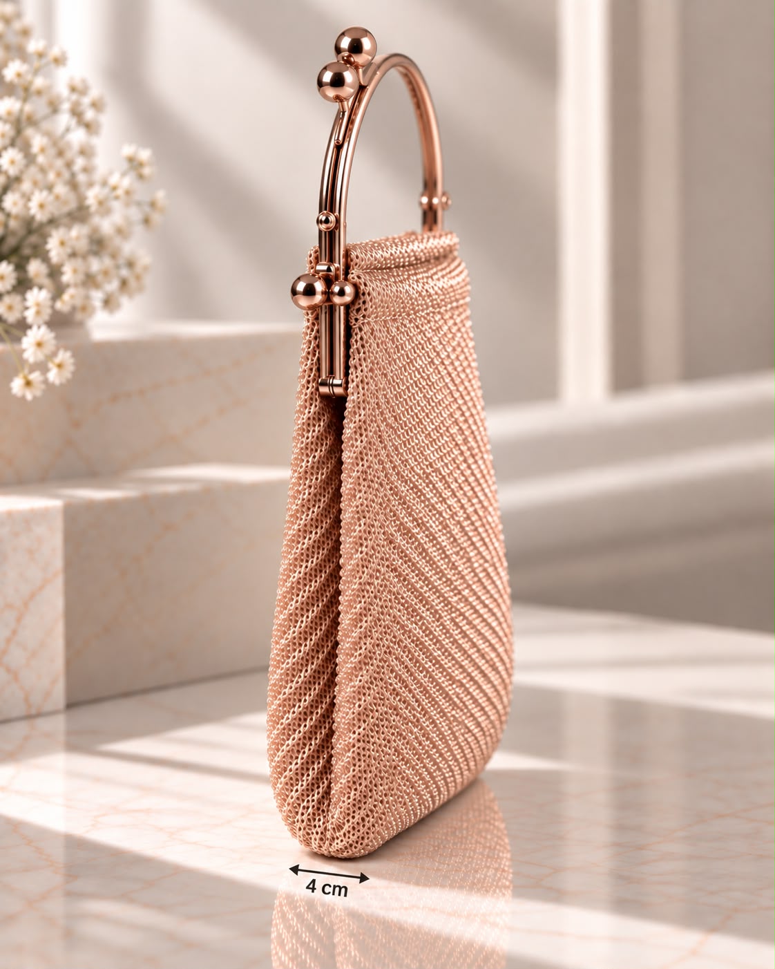 Bolso de fiesta Minerva en tonos Rosa Gold, mango curvo y cadena para colgar