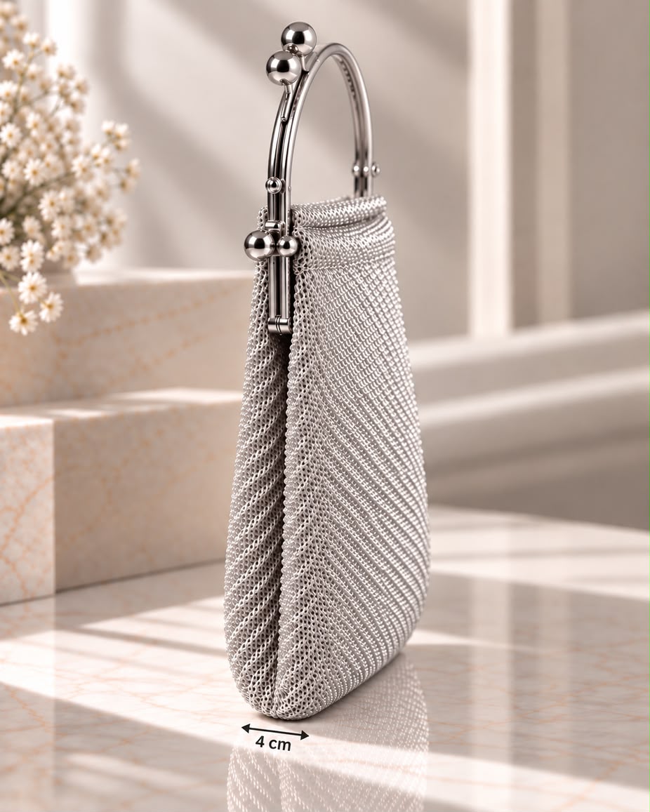 Bolso de fiesta Minerva en tonos plata , mango curvo y cadena para colgar