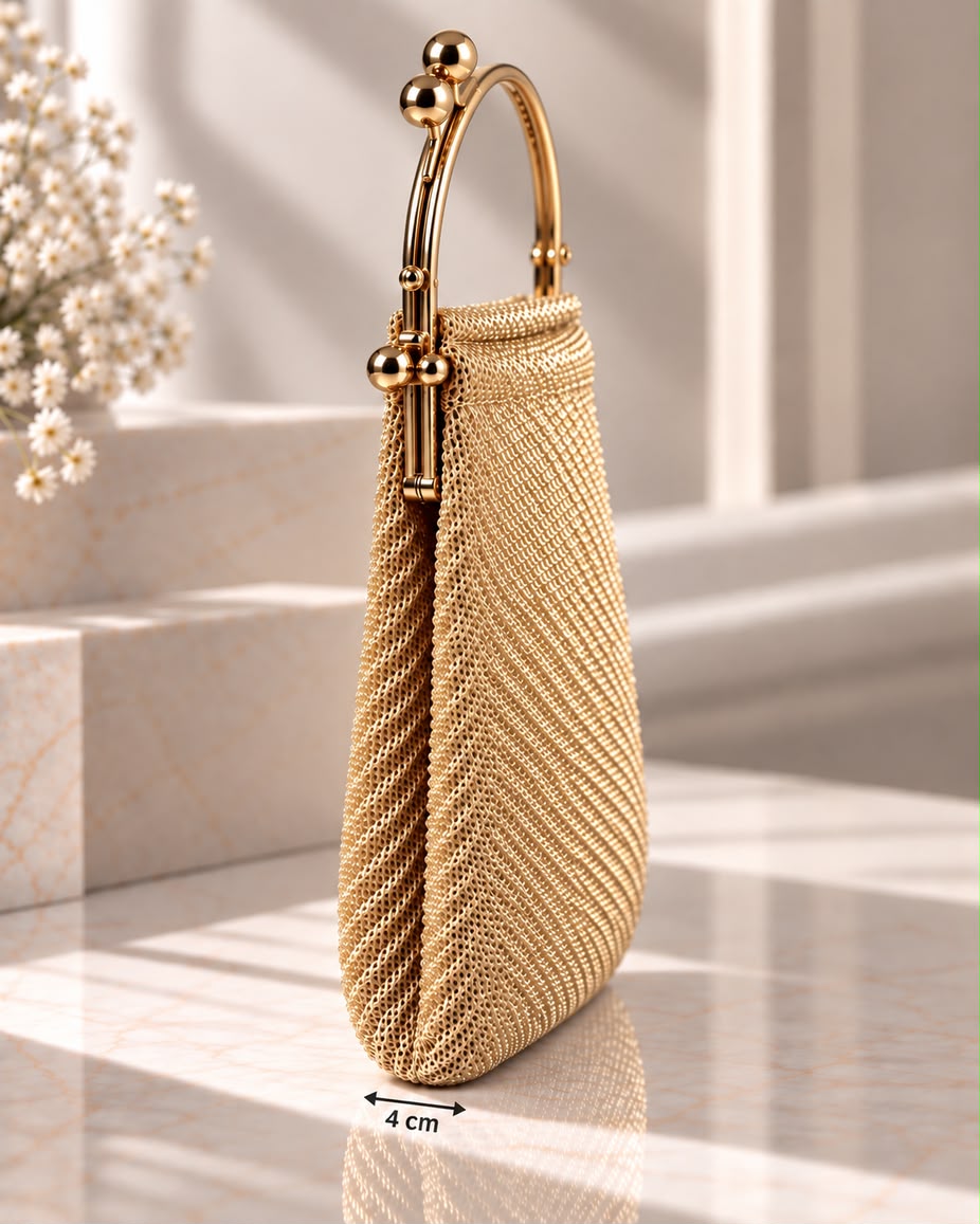 Bolso de fiesta Minerva en tonos dorados, mango curvo y cadena para colgar