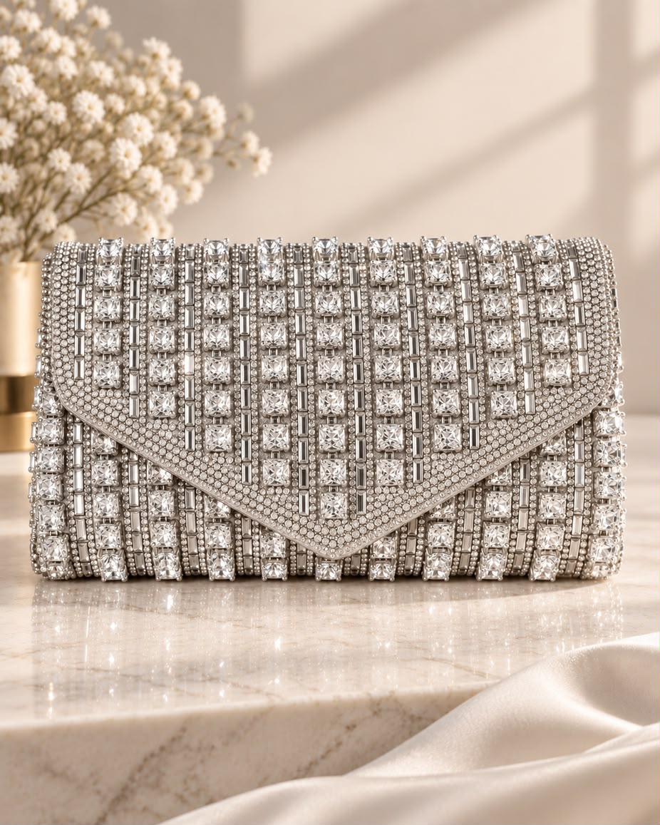 Bolso de fiesta Marilyn piedras plata con cadena para colgar