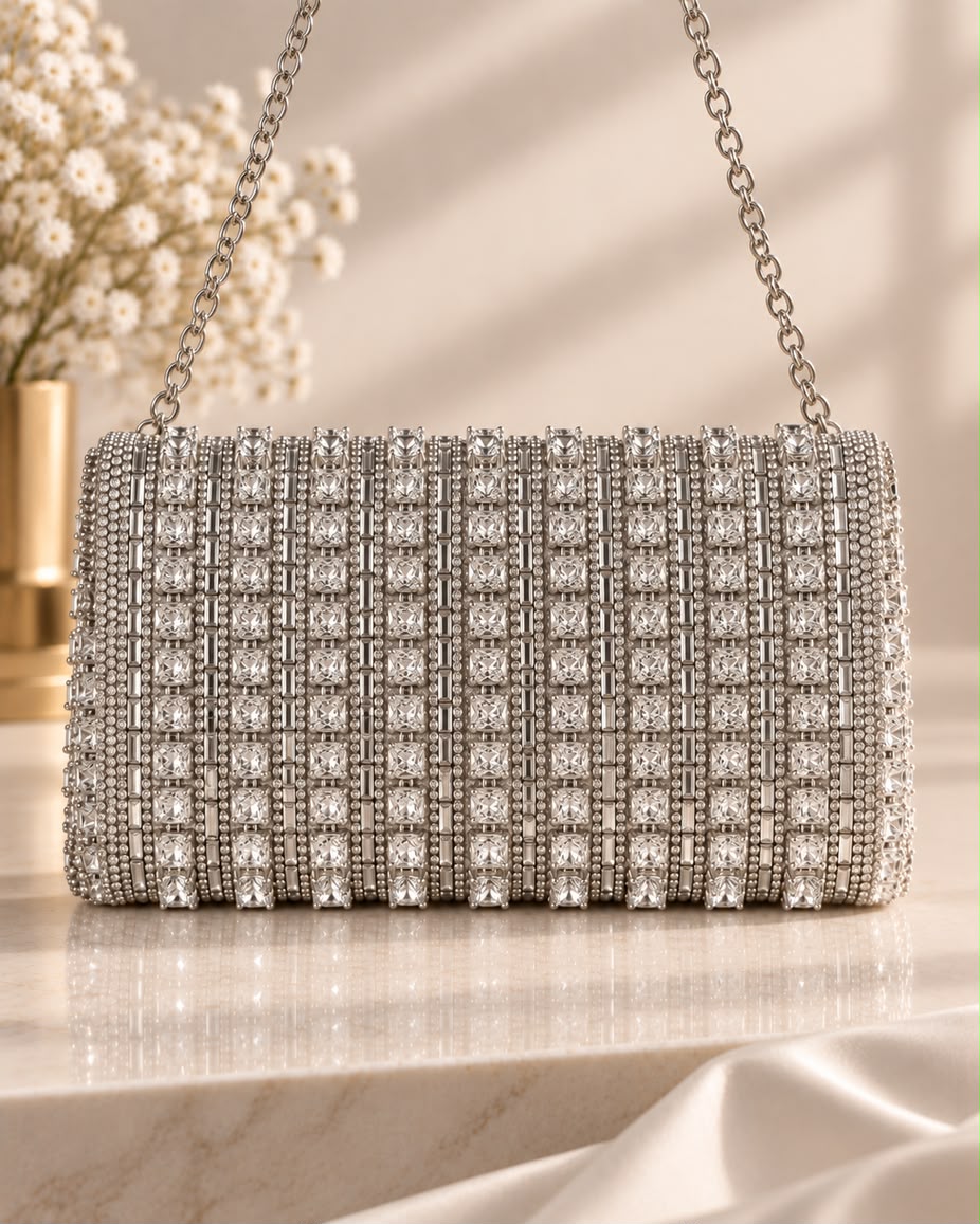 Bolso de fiesta Marilyn piedras plata con cadena para colgar