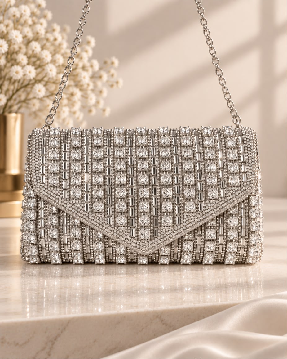 Bolso de fiesta Marilyn piedras plata con cadena para colgar