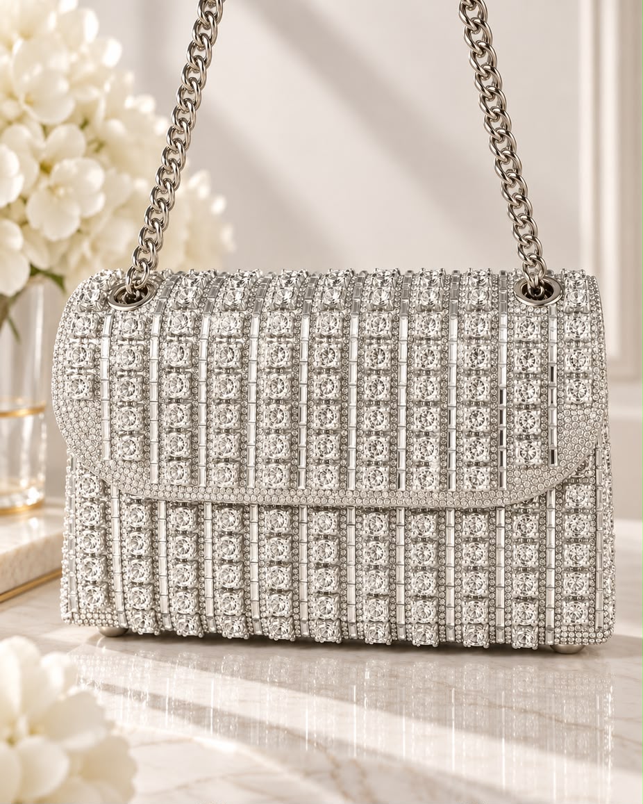 Bolso de fiesta Dorian plateado con cristales brillantes y cadena para colgar