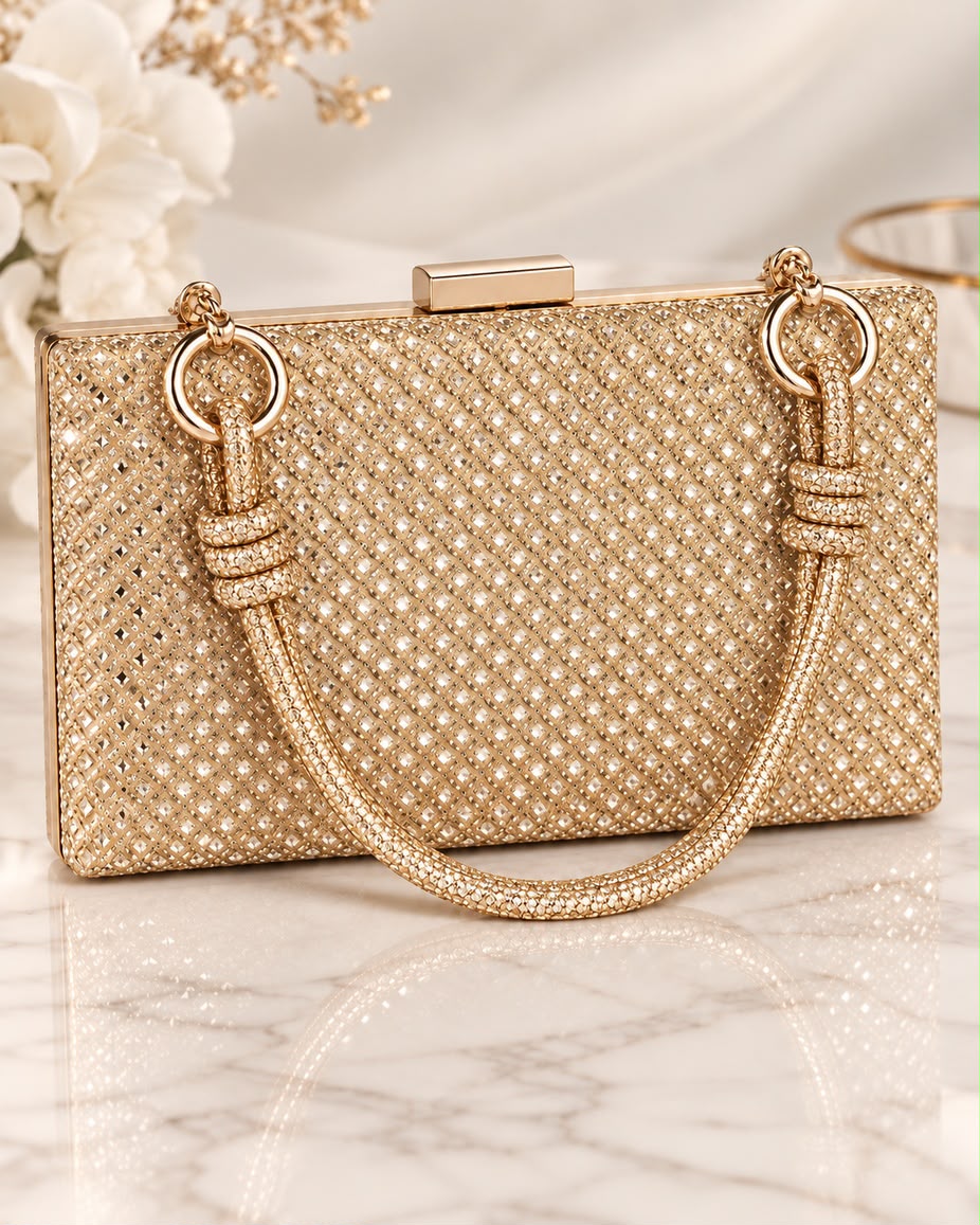 Bolso de fiesta Dublín dorado con manilla decorativa y cristales