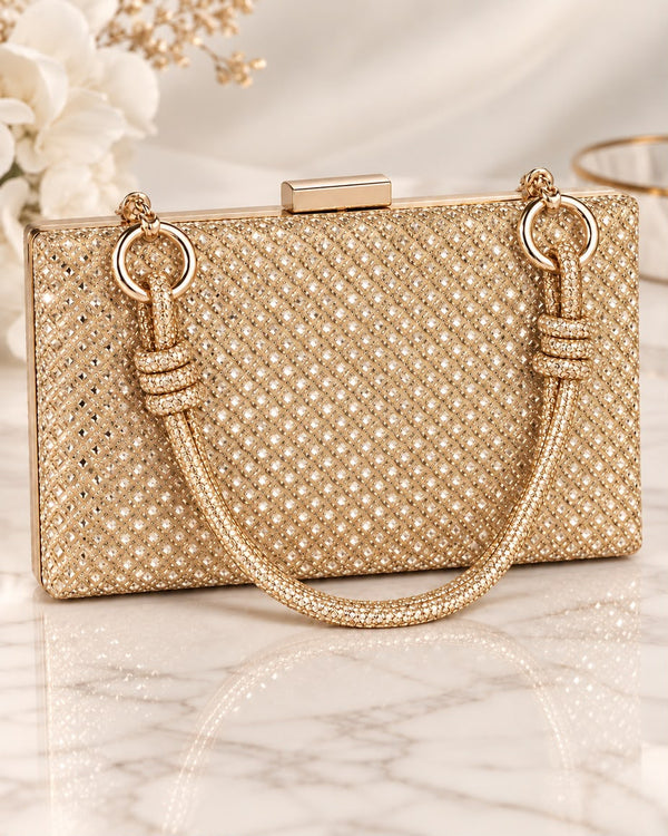 Bolso de fiesta Dublín dorado con manilla decorativa y cristales