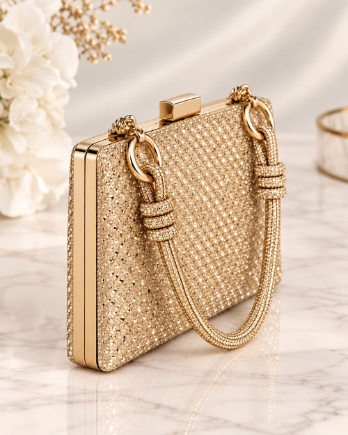 Bolso de fiesta Dublín dorado con manilla decorativa y cristales