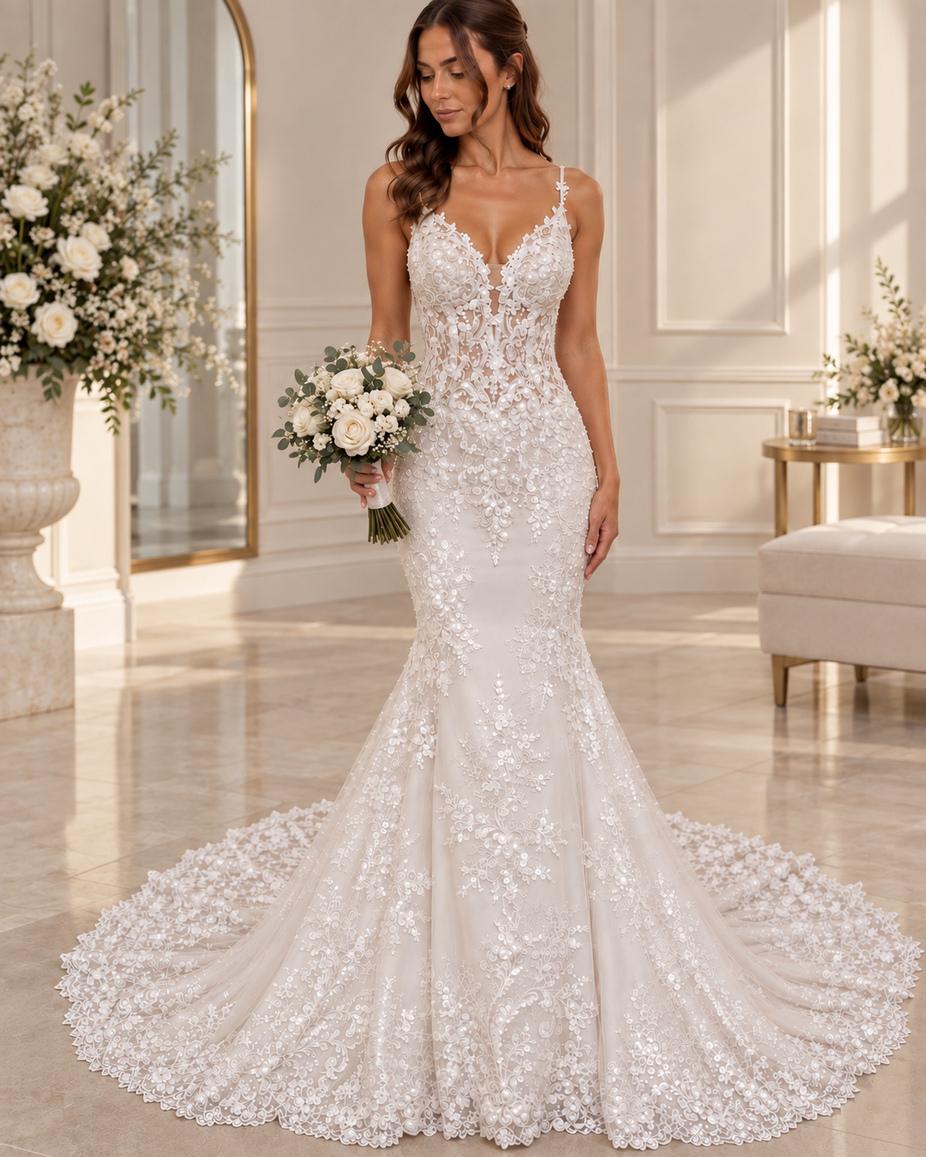 Vestido de novia Josefa sirena de encaje floral y espalda abierta en V