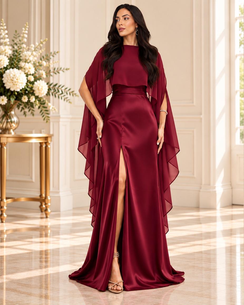 Vestido de fiesta Jannine con capa fluida en seda fría