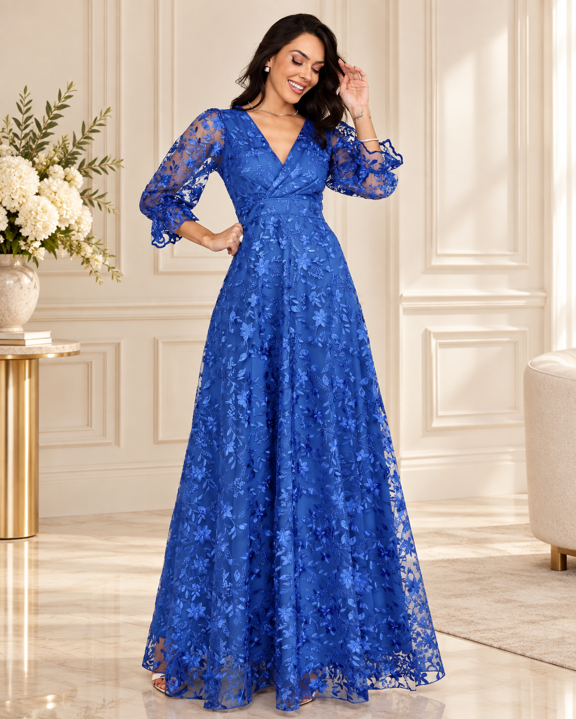 Vestido de fiesta Mery tela floral bordada con mangas 3/4