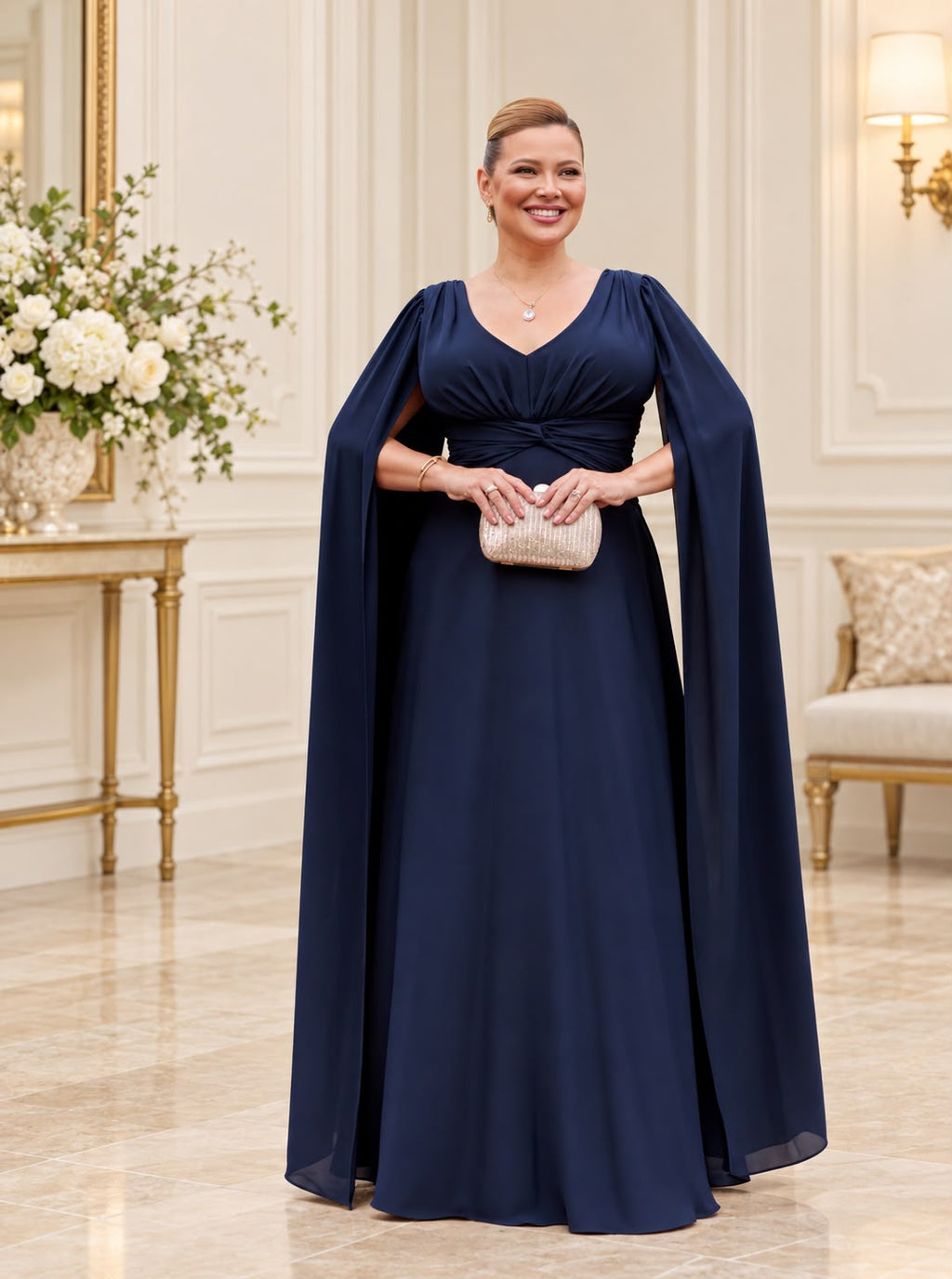 Vestido de fiesta Noemy con manga ala y drapeado en la cintura