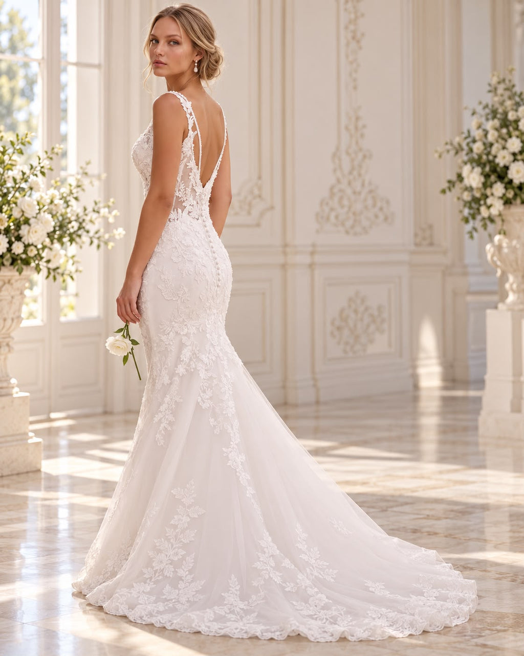 Vestido de novia Josefa sirena de encaje floral y espalda abierta en V