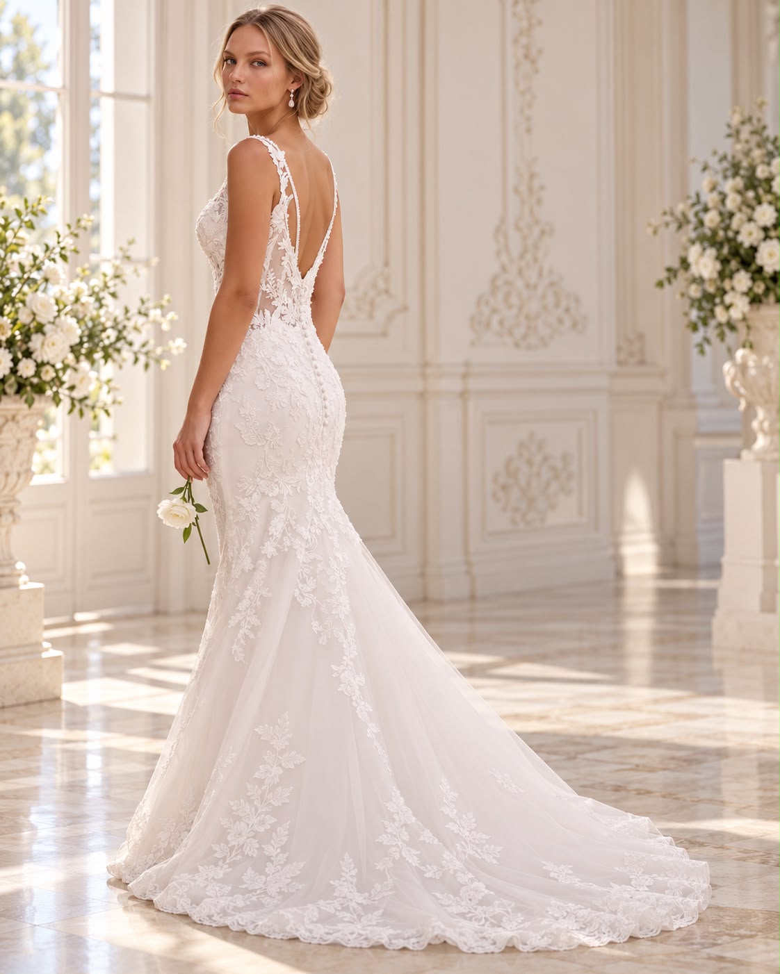 Vestido de novia Josefa sirena de encaje floral y espalda abierta en V