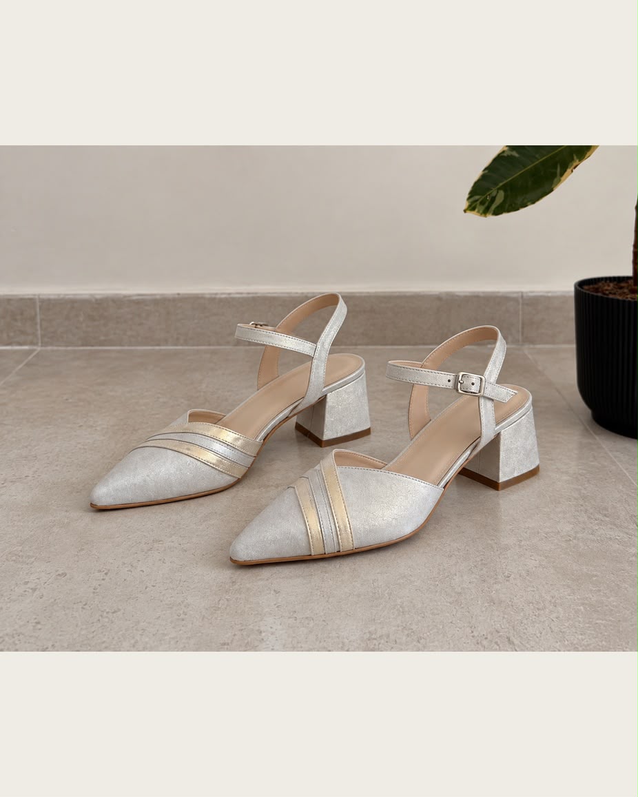 Sandalia para novia y fiesta Amalfi  en cuero color plata/nude taco 5 cms