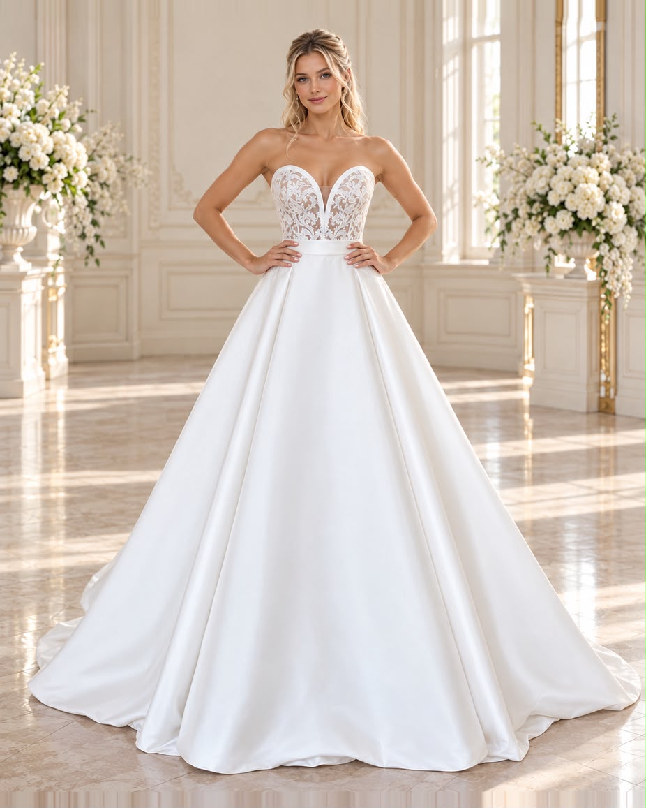 Vestido de novia Candelaria strapell estilo evase en tela satinada