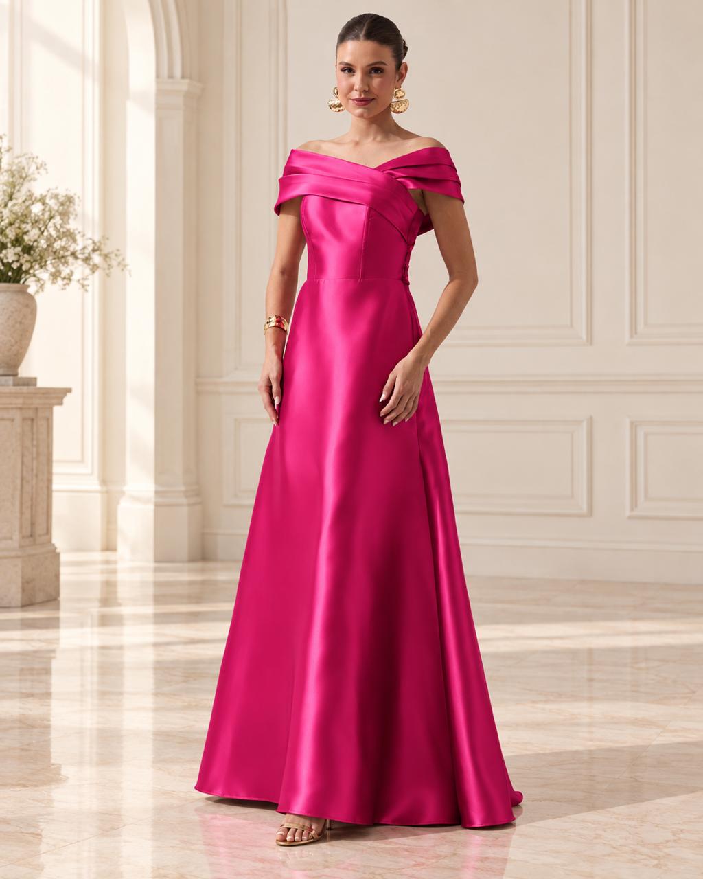 Vestido de fiesta Javiera en tela satinada estilo of shoulder y botones