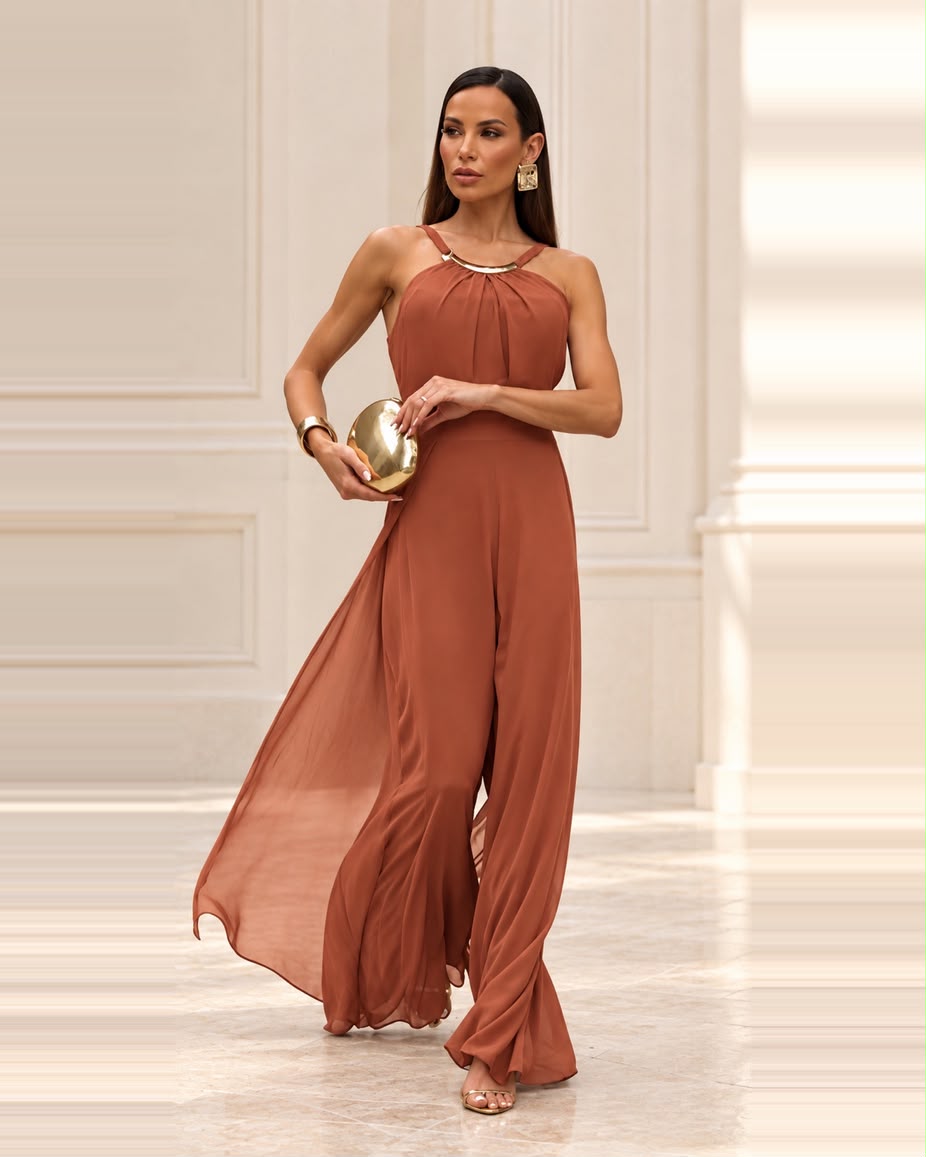 Jumpsuite Dore en gasa chifon con aplicación y estilo halter