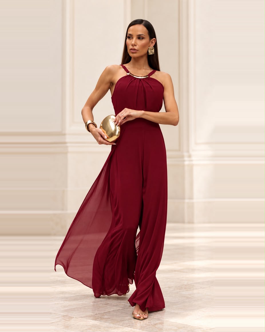 Jumpsuite Dore en gasa chifon con aplicación y estilo halter