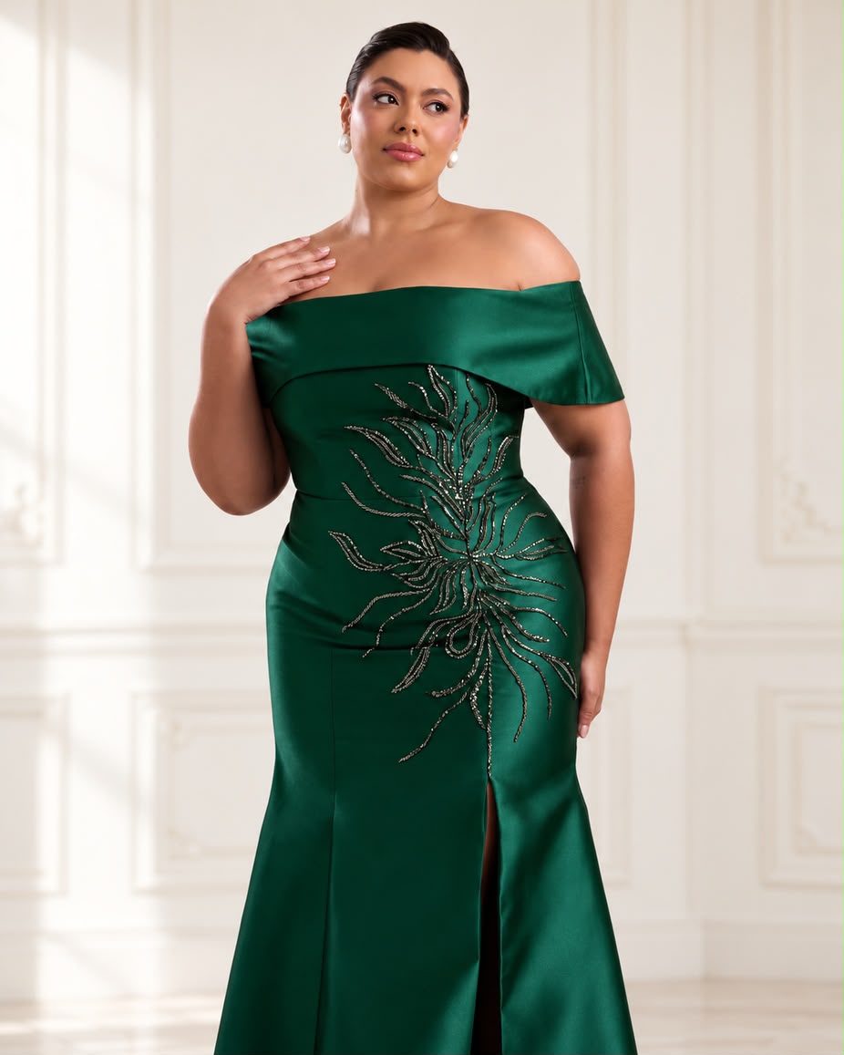 Vestido de fiesta Monix con aplicaciones y bordados al tono estilo of shoulder