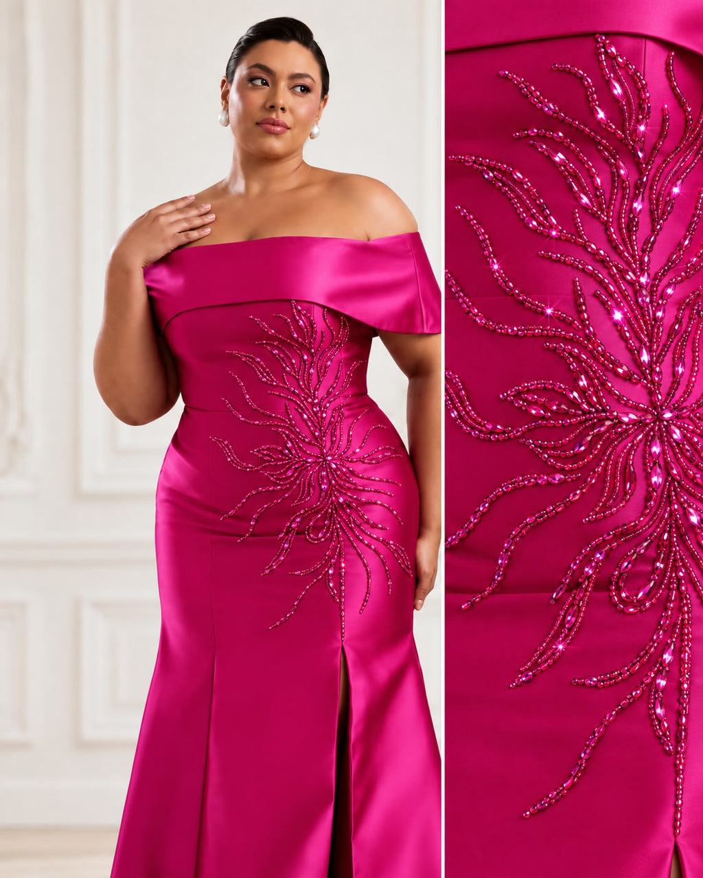 Vestido de fiesta Monix con aplicaciones y bordados al tono estilo of shoulder