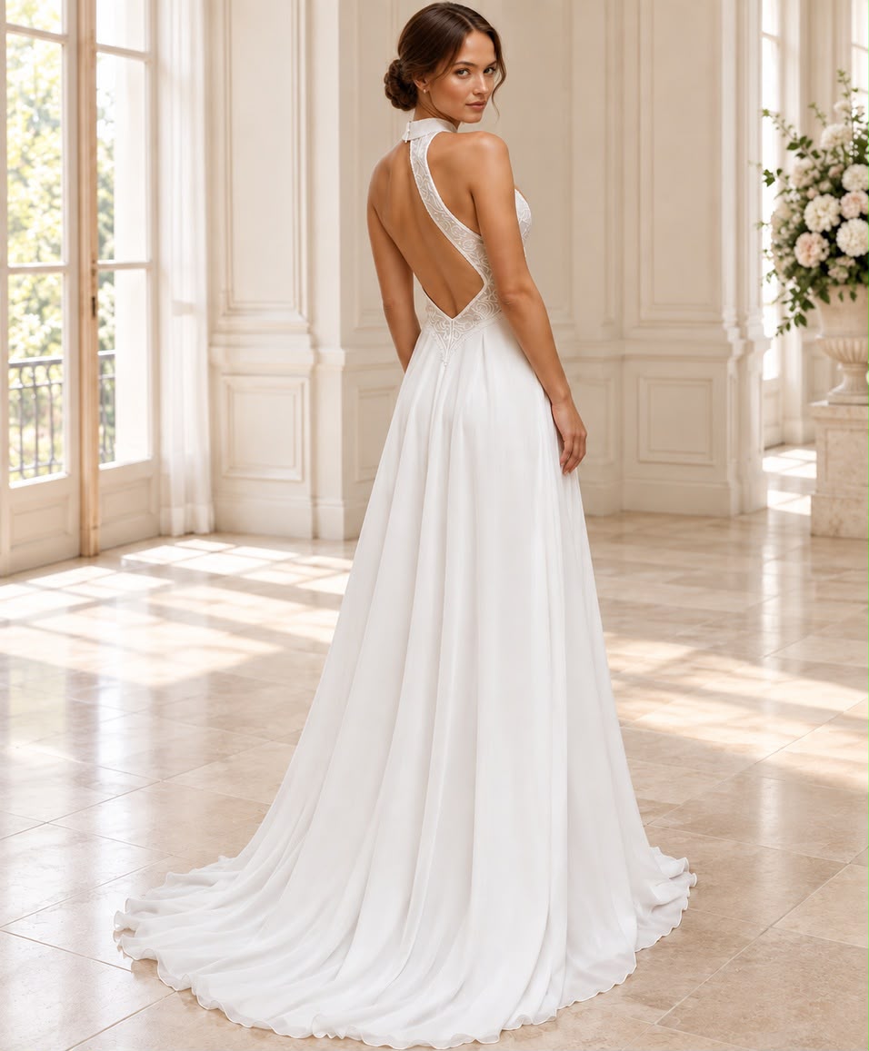 Vestido de novia Cindy cuello halter y espalda profunda PRÓXIMAMENTE
