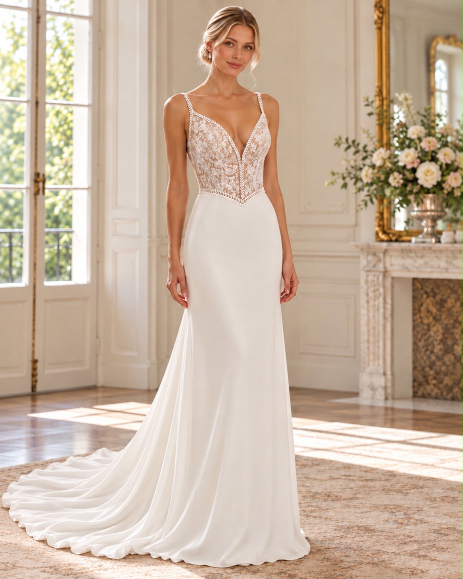 Vestido de novia Darling corte recto delicado encaje y corte fluido