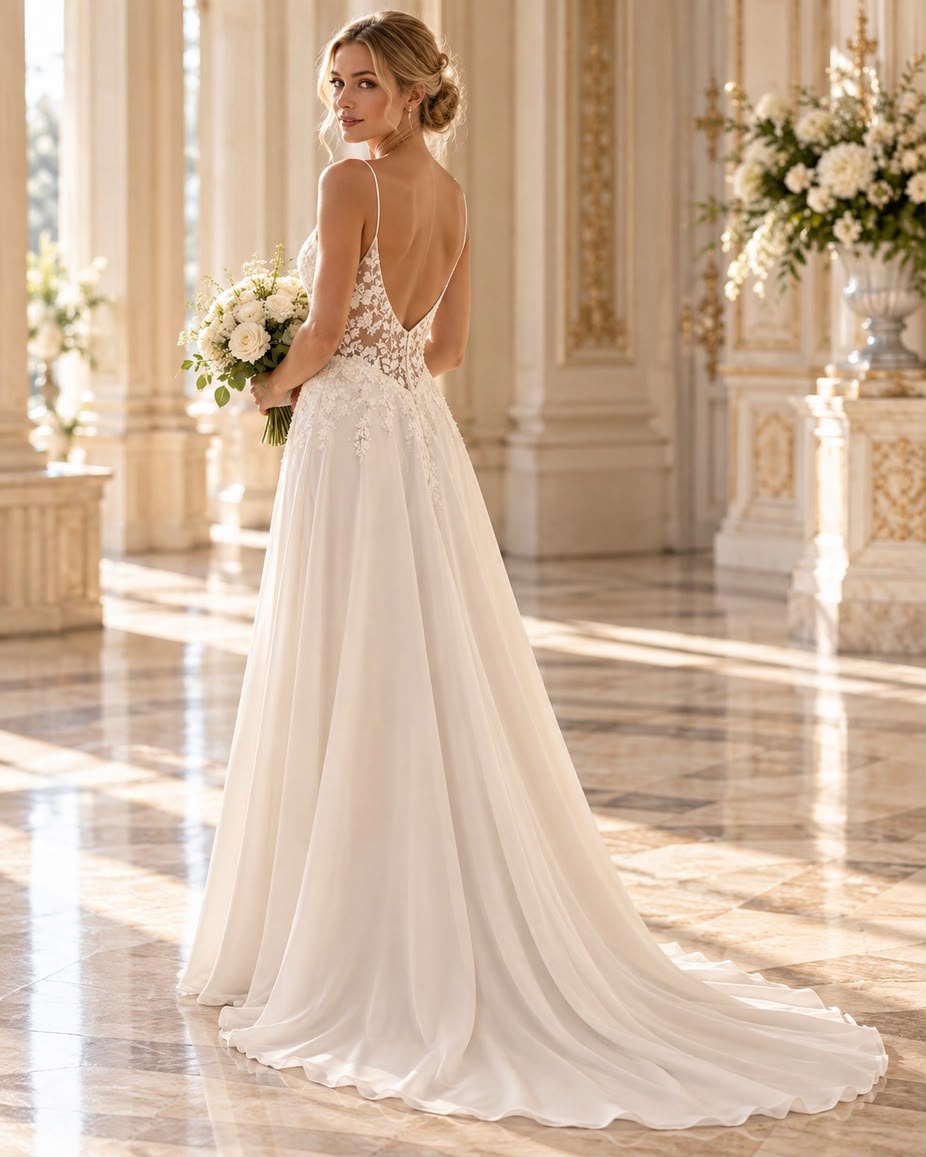 Vestido de novia Francis corte recto con tirantes spaghetti y corte en V
