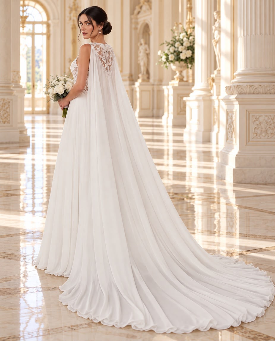 Vestido de novia Colomba encaje floral tirantes spaghetti y capa