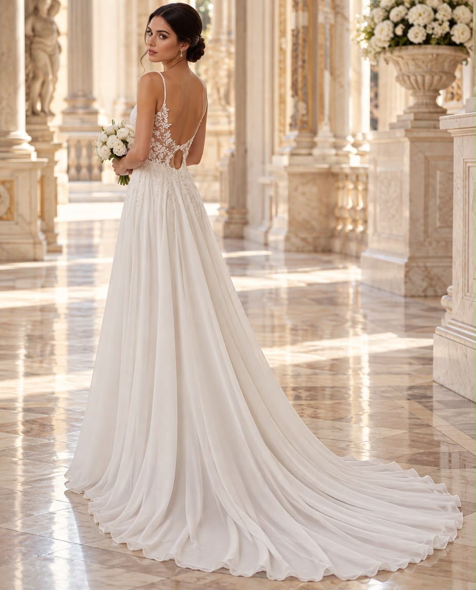 Vestido de novia Colomba encaje floral tirantes spaghetti y capa