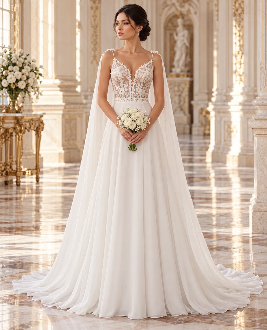 Vestido de novia Colomba encaje floral tirantes spaghetti y capa