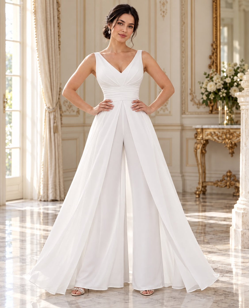 Jumpsuit para novia palazzo con sobrefalda sin mangas