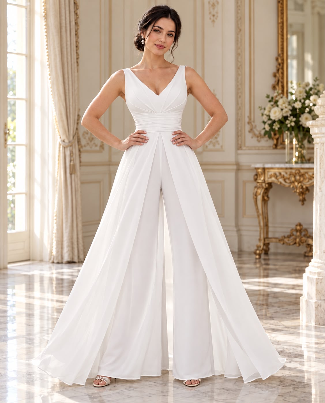 Jumpsuit para novia palazzo con sobrefalda sin mangas