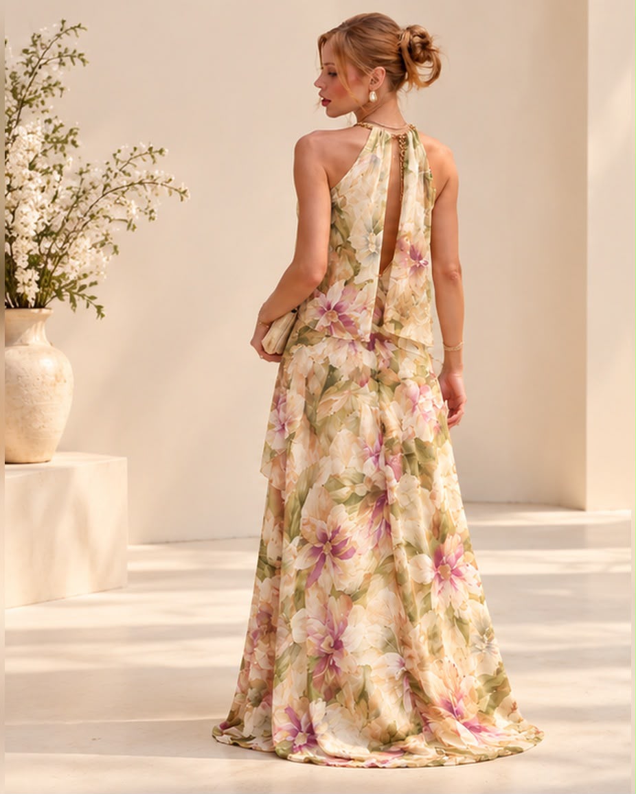 Vestido de fiesta Flower halter elegancia y movimiento