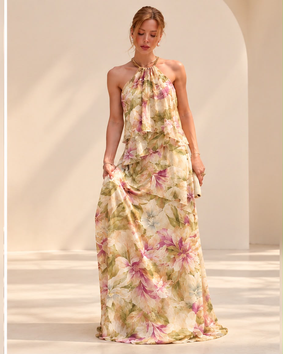 Vestido de fiesta Flower halter elegancia y movimiento