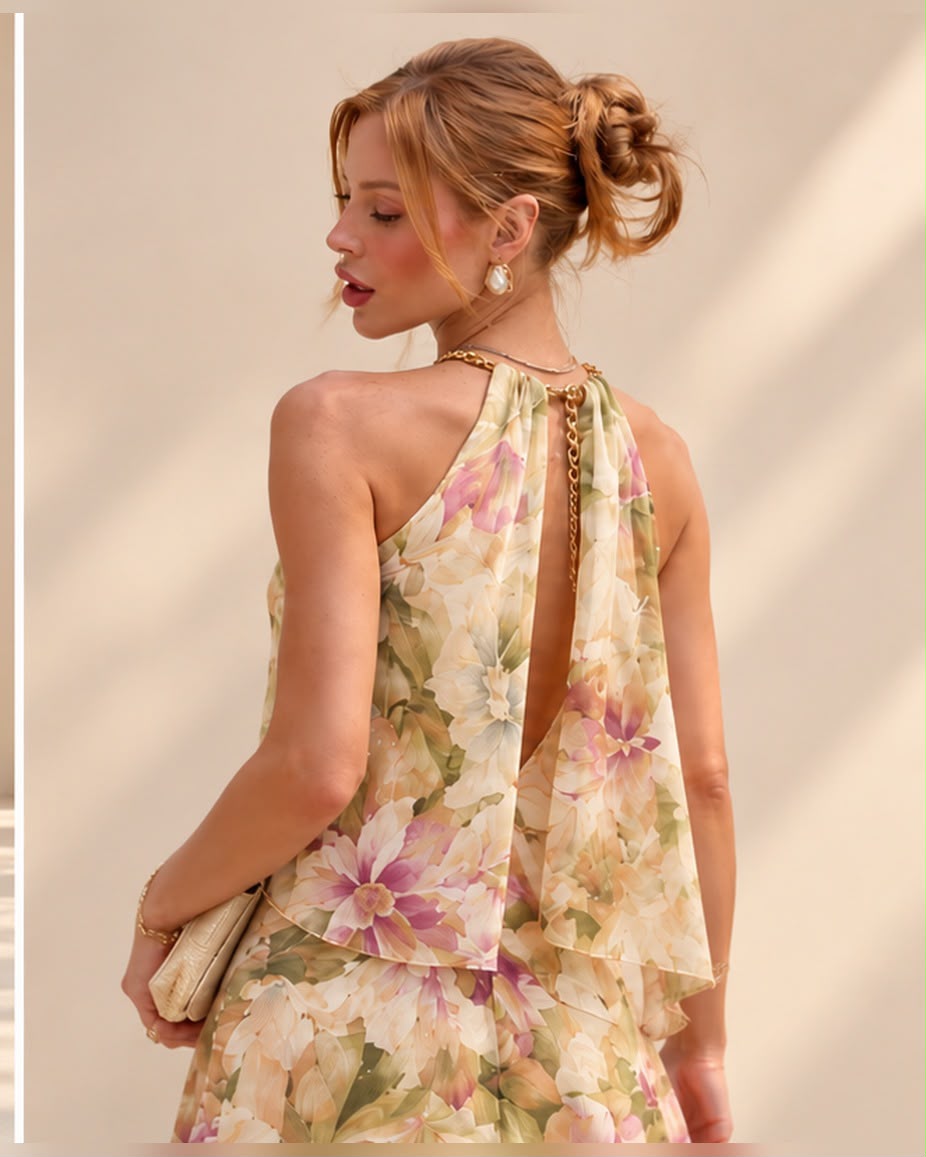 Vestido de fiesta Flower halter elegancia y movimiento
