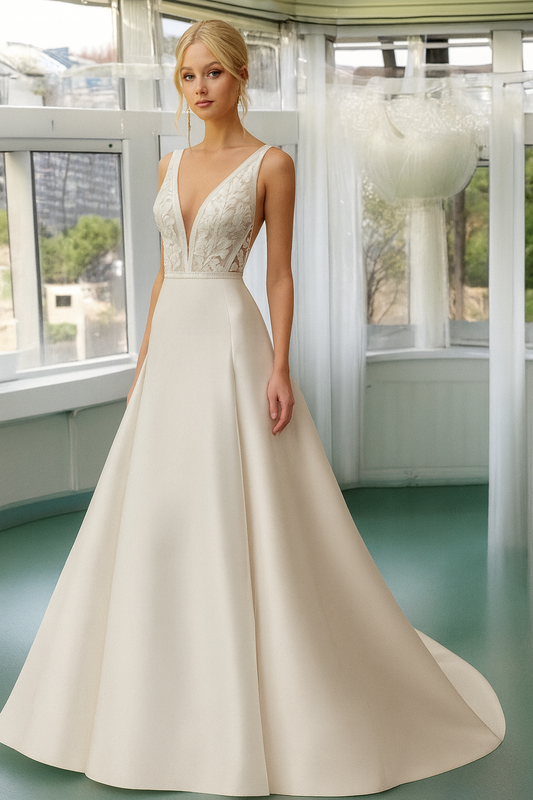 VESTIDO DE NOVIA COQUETTE MACRAMÉ Y FALDA EN RASO MUY ELEGANTE Y GLAMOROSO