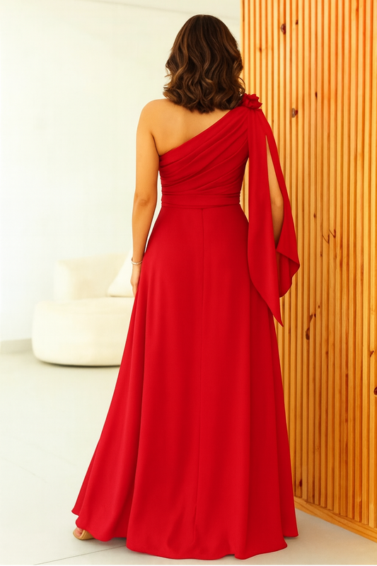 VESTIDO DE FIESTA MENNY  CON MANGA ALA Y APLICACIÓN ,ELEGANTE ASIMETRÍA