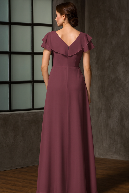 VESTIDO DE FIESTA PEGY CON VOLANTES Y APLICACION