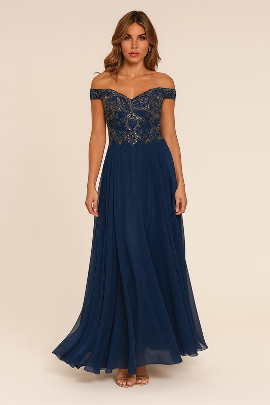 VESTIDO  DE FIESTA ROSY EN CHIFON Y LENTEJUELAS ,HOMBROS DESCUBIERTOS