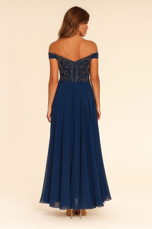VESTIDO  DE FIESTA ROSY EN CHIFON Y LENTEJUELAS ,HOMBROS DESCUBIERTOS