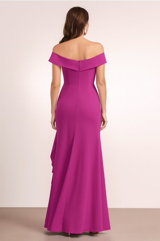 VESTIDO DE FIESTA BERONA CON VOLANTE Y HOMBROS DESCUBIERTOS