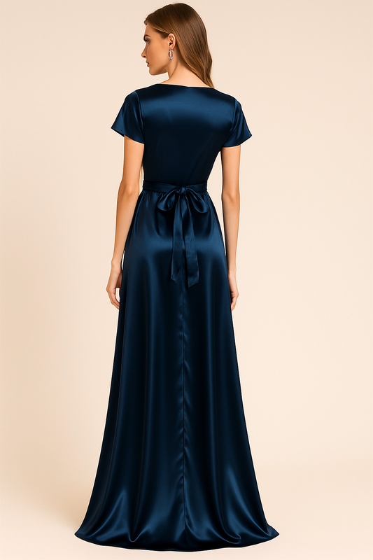 VESTIDO DE FIESTA LAURA EN COLOR AZUL ELEGANTE CRUCE LAZO