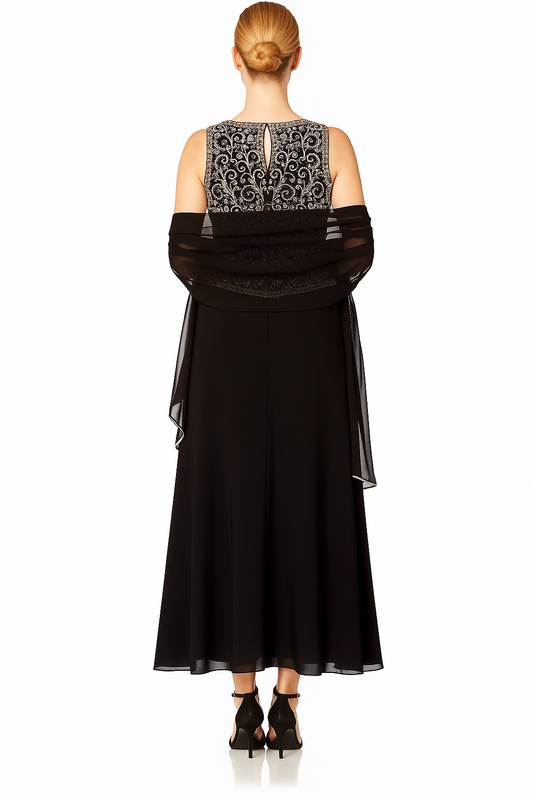 VESTIDO DE FIESTA MARINNA EN COLOR NEGRO Y ELEGANTES APLICACIONES