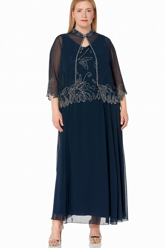 VESTIDO DE FIESTA PARSSON AZUL CON PEDRERÍA Y CHAQUETA BORDADA